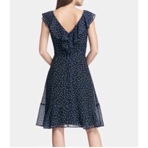 DKNY Dress Navy Blue Ivory 10 Polka Dot Flutter Sleeve A Line Flowy Summer - Picture 8 of 9